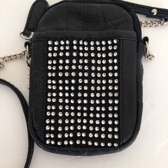 MINI BLACK RHINESTONE LEATHER POUCH BAG PURSE - Picture 1 of 10